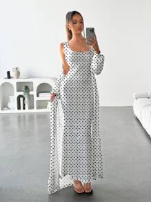 SHEIN SXY 2 件套：复古波尔卡圆点图案无袖连衣裙和超长开衫毛衣，休闲家居服，秋冬 - 彩色 - 查看 1