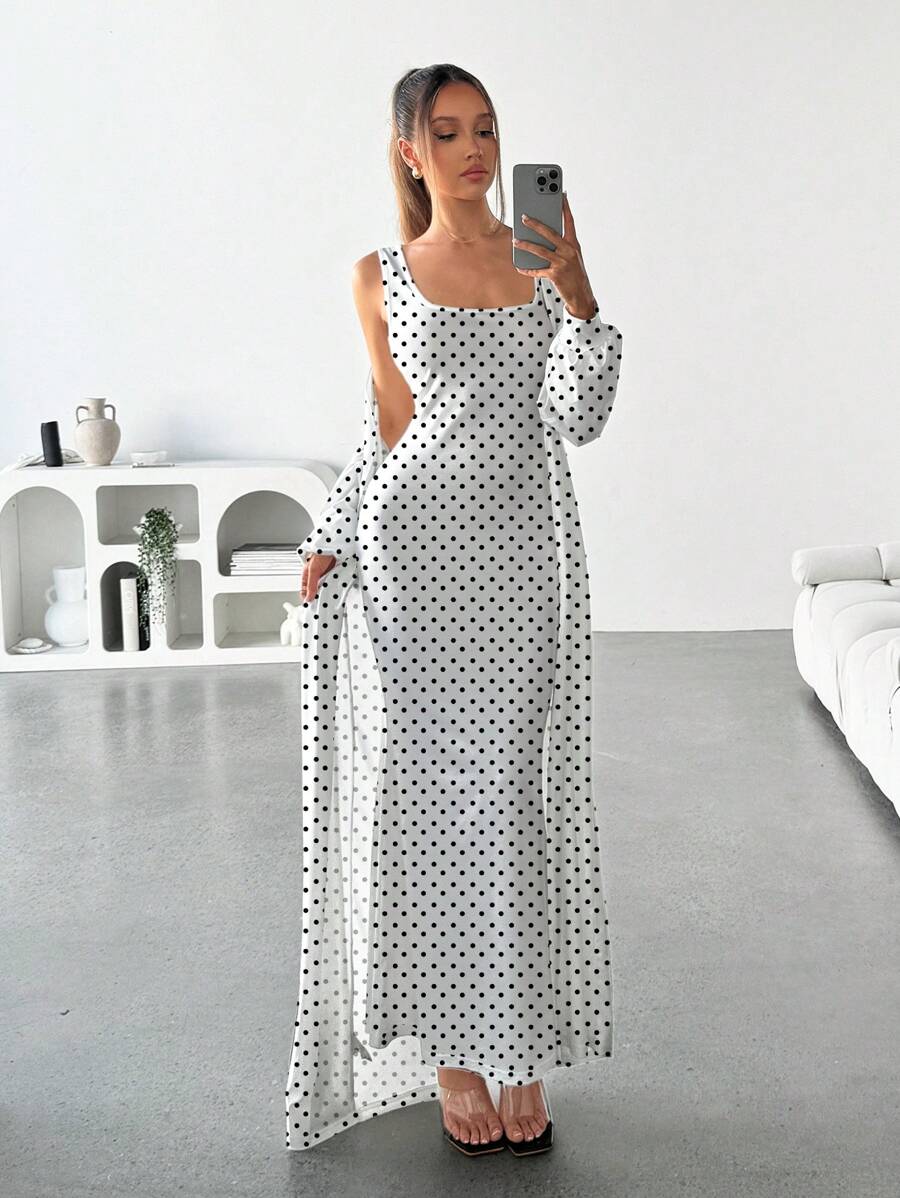 SHEIN SXY 2 件套：复古波尔卡圆点图案无袖连衣裙和超长开衫毛衣，休闲家居服，秋冬 - 彩色 - 查看 1