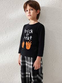 SHEIN Young Boys Funny Letter & Pumpkin Printed Black Knit Long Sleeve T-Shirts For Halloween, Autumn/Winter - Black - View 6