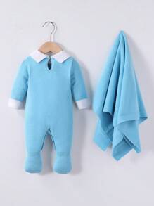 Baby Girl Stylish Cute Contrast Color Lapel Long Sleeve Jumpsuit Romper - Baby Blue - View 2