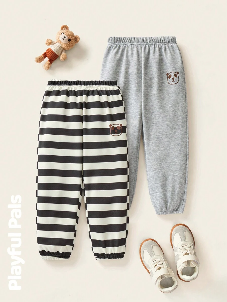 SHEIN 2 pezzi di pantaloni della tuta a righe e con grafica di panda, adatti per ragazzi e ragazze, carini/retrò/casual/per interno ed esterno, adatti per primavera/autunno/inverno
