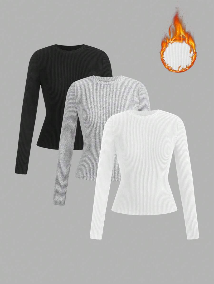 SHEIN EZwear Multi-Color Plus Size Women's Round Neck Long Sleeve T-Shirt Set - Multicolor - View 1