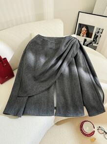 SHEIN Privé Plus Size Solid Color Wrap-Around Slit Elegant Long Sleeve Coat, For Winter - Grey - View 4