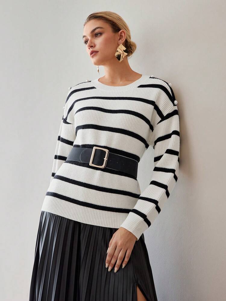 STRIPED PATTERN DROP SHOULDER OVERSIZE BUTTON DETAIL SWEATER WITHOUT BELT