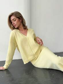 Firerie 2 件休闲优雅通勤女装：宽松纽扣开衫和高腰长裙针织毛衣，秋冬 - 黃色 - 查看 7