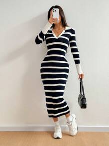 Flirla Women's Colorblock Collar Long Sleeve Fitted Elegant Knitted Sweater Dress, Spring/Autumn Fall Winter Cloth For Women