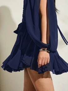 SHEIN BAE Vestido ligero y transparente con mangas acampanadas divididas, color negro sólido, escote corazón sexy con lazo, casual para vacaciones y fiestas en la playa