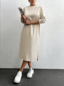 RueChic Solid Split Hem Sweatshirt Dress - Beige - View 1