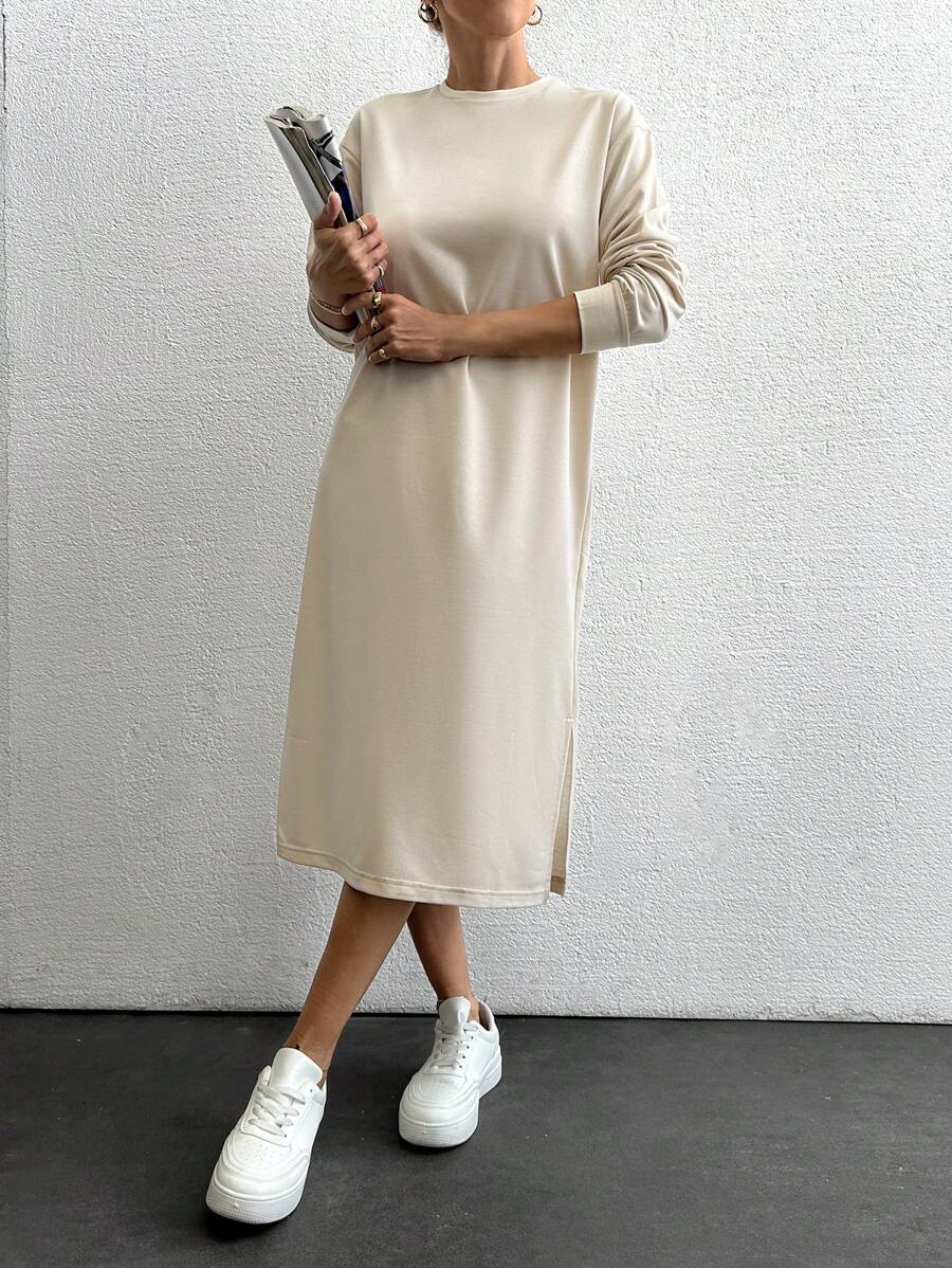 RueChic Solid Split Hem Sweatshirt Dress - Beige - View 1