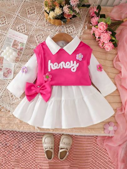 Infant Girls 2pcs Casual Set: Front Buttoned Long Sleeve Top And Sleeveless Round Neck Top, Plain Color
