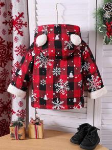 Young Girl Snowflake Plaid Print Button Up Hooded Padded Coat, Casual Daily Wear For Autumn/Winter - Multicolor - View 3