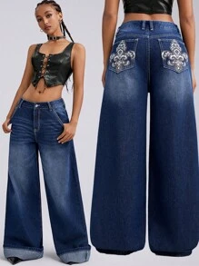 SHEIN EZwear 女式街头服饰 Y2K 复古图案刺绣水洗宽松牛仔裤 - 深色水洗藍 - 查看 7