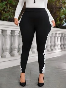 EMERY ROSE 大码蕾丝拼布高弹力紧身打底裤，休闲优雅，冬季女装 - 黑色 - 查看 6