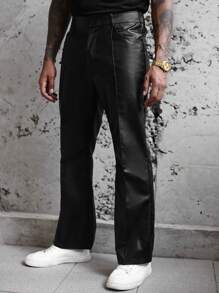 Manfinity LEGND Quần ống rộng loe bằng da PU cho nam có túi và thiết kế sọc, quần dài dự tiệc trơn, dành cho chồng, quà tặng bạn trai - màu đen - Xem 4