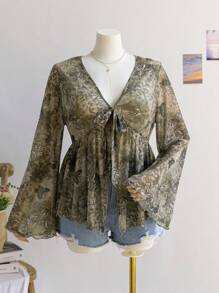 Soleia 大码复古度假风女装，复古绿色花卉印花针织网纱开襟收腰喇叭袖上衣，秋冬女装，感恩节女装，外出上衣，万圣节女装，秋季曲线款，返校节上衣，圣诞节女装，演唱会女装，嬉皮风，公主风女装，圣诞节女装上衣，外出上衣，秋季曲线款，墨西哥风女装上衣，长袖女式衬衫，长袖网纱上衣，女神装扮 - 彩色 - 查看 7