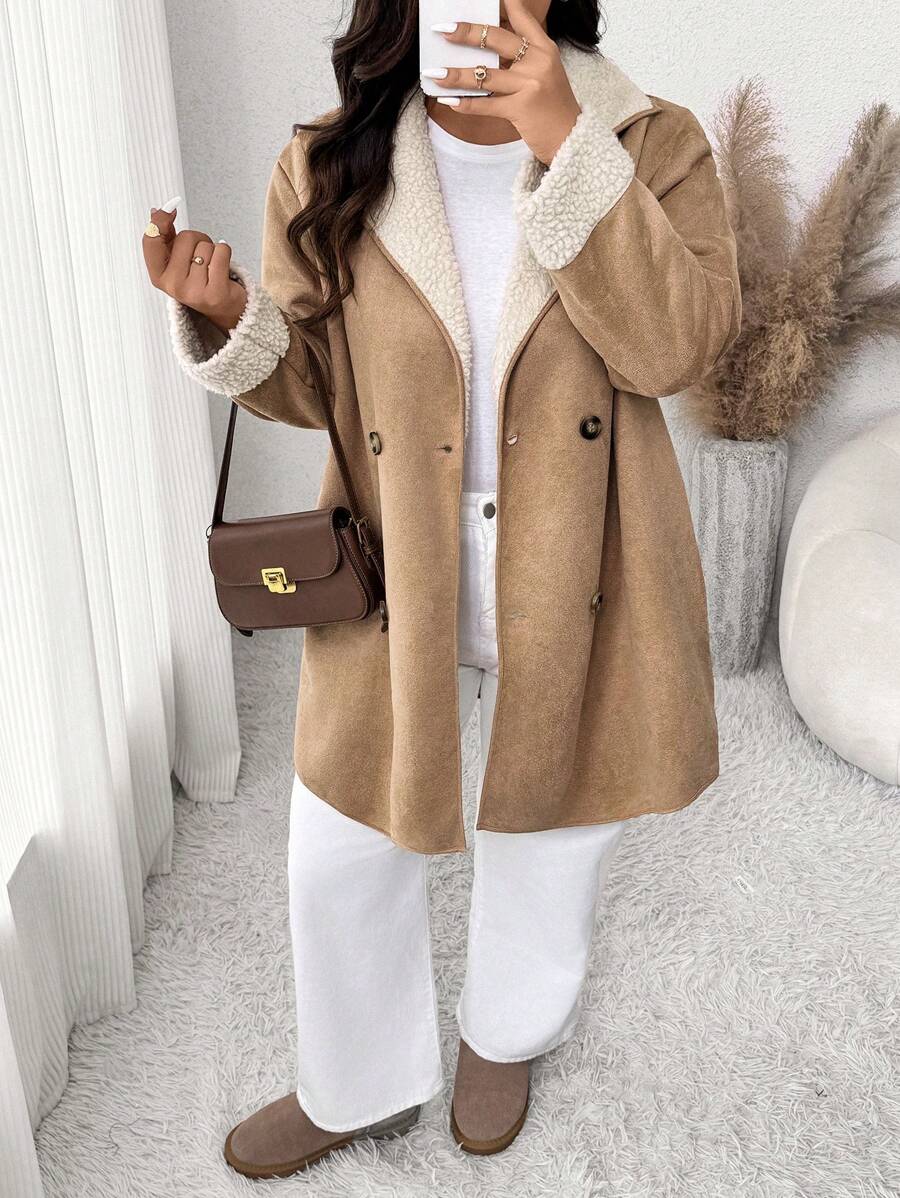 SHEIN Frenchy 大码棕色蓬松衬里大腿长款保暖大衣,适合秋冬季女士 - 棕色 - 查看 1
