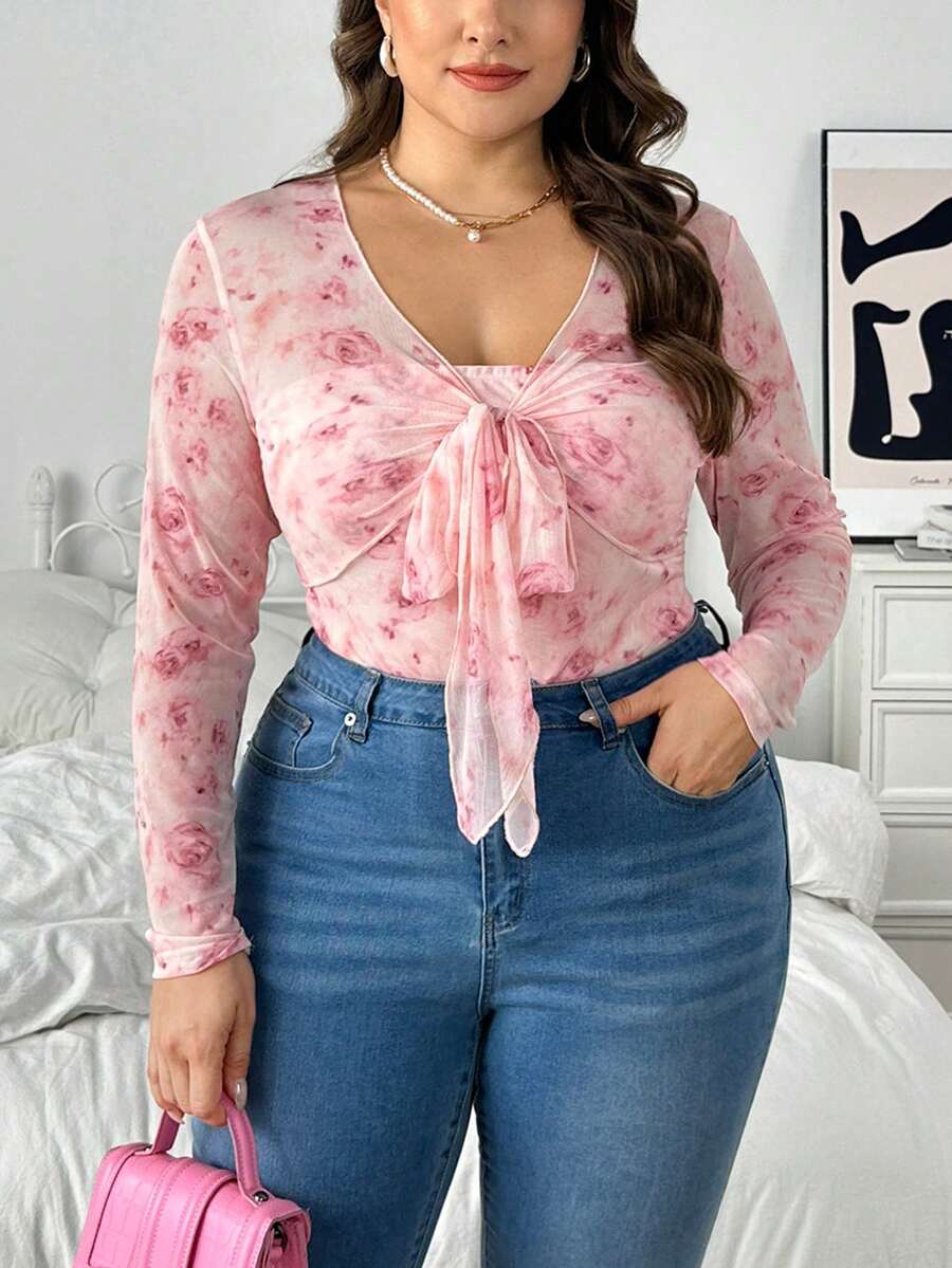 SHEIN Privé Bộ đồ liền thân lưới trong suốt in hoa cỡ lớn cho nữ, trang phục đi biển thanh lịch lãng mạn, phù hợp cho mùa thu/đông - Hồng - Xem 1