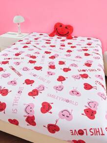 SmileyWorld® | SHEIN 满版爱心与标语印花白色床笠 - 彩色 - 查看 3
