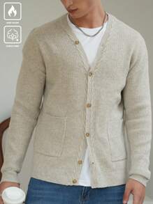Manfinity Hypemode Cardigan casual de manga larga de un solo pecho con bolsillo de unicolor con cuello en V para hombre, otoño e invierno