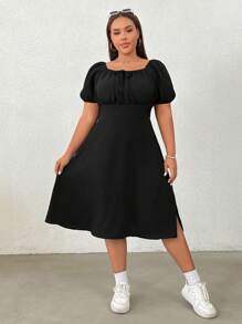 SHEIN CovetEZ Plus Size Black Casual/Resort Texture A-Line Dress - Black - View 1