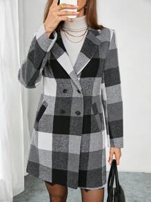 SHEIN Clasi Women's Classic Plaid Khaki Turndown Collar Button Decor Elegant Warmth Long Coat, Suitable For Autumn, Winter And Spring - Black - View 6