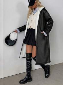 SHEIN LUNE 1 件女士黑色保暖内衬长袖外套，冬季保暖服装 - 黑色 - 查看 6
