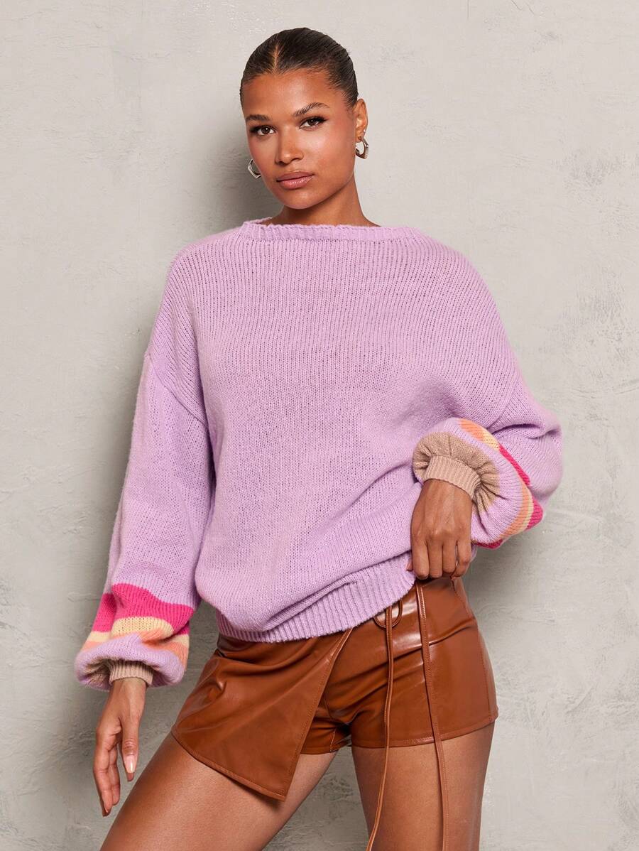 Glamine Loose Raglan Crew Neck Women's Color Blocking Pullover Sweater, Autumn/Winter Knit Pullover Fall Outfit - Purple - View 1