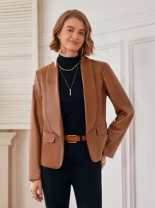 Chiquease Women Solid Color Shawl Neck Long Sleeve Faux Pockets Casual PU Leather Regular Jacket Fall Cloth For Women