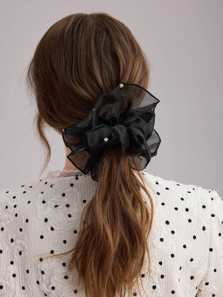 1 PIEZA ELEGANTE SCRUNCHIE PARA CABELLO DE ESTILO COREANO CON VOLANTES/ENCAJE Y CRISTALES RHINESTONE, MINIMALISTA Y BÁSICO