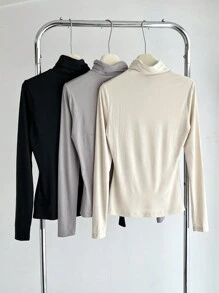 SHEIN BASICS 3pcs Solid Color Knit Turtleneck Raglan Long Sleeve Fitted Women's Base Layer T-Shirt - Multicolor - View 2