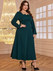 Modelyn 大码优雅 A 字腰隐形提花针织连衣裙，时尚优雅 - 綠色 - 查看 4