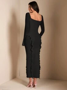 SHEIN BAE 优雅女士外出装，甜美荷叶边长袖短款上衣，适合休闲约会、派对、活动的秋季装 - 3D 花卉装饰长裙， - 黑色 - 查看 2