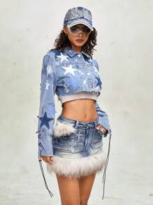 ROMWE Grunge Punk Motorcyclist Functional Pentagon Star Patch Metal Studded Sleeve Strap Denim Jacket - Multicolor - View 3