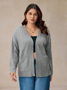 SHEIN Frenchy Basic Solid Color Loose Fit Plus Size Cardigan And Scarf Set, Casual And Warm For Home Wear In Winter - Grey - View 5