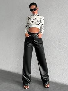 RueChic High Waist Contrast Piping Straight Leg Jeans - Black - View 5