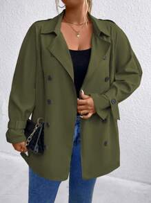 SHEIN LUNE Plus Size Women's Solid Color Revere Collar Double Breasted Long Sleeve Casual Trench Coat, Spring & Autumn - Army Green - View 4