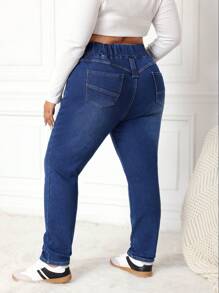 SHEIN CURVE+ Blue Plus Size Jeans Skinny Stretch Fleece Trousers Lined For Added Warmth - Dark Wash - View 2