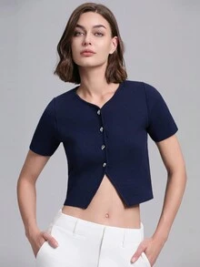 Cárdigan corto ajustado de mujer de un solo botonadura, de manga corta y color liso, informal - Azul - Ver 1