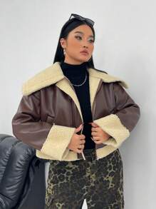 SHEIN EZwear Plus Size Women Brown Fluffy Lined Casual Jacket For Autumn/Winter - Brown - View 6