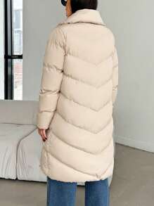 SHEIN Cottnline Fashionable Asymmetrical Snap Button Puffer Winter Coat - Beige - View 2