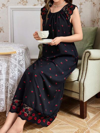 CottageSlumber Customized Red Lip Lace Embroidery, Black Base Cherry Print Casual Dress For Women, Home Style Perfect Summer, Moo Moo Bountiful Floral Splendor  Cozy And Elegant Details