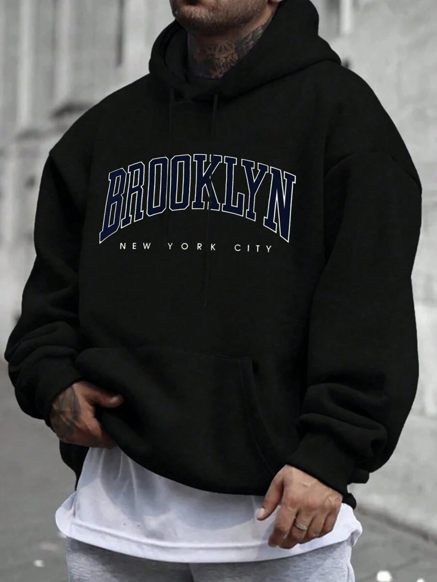 Manfinity Roughcore Men's Oversized Letter Printed Drawstring Hooded Sweatshirt, For Fall, Long Sleeve Top - Black - View 1