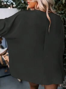 INAWLY Plus Size Plain Crew Neck Loose Fit Casual Shirt - Black - View 2