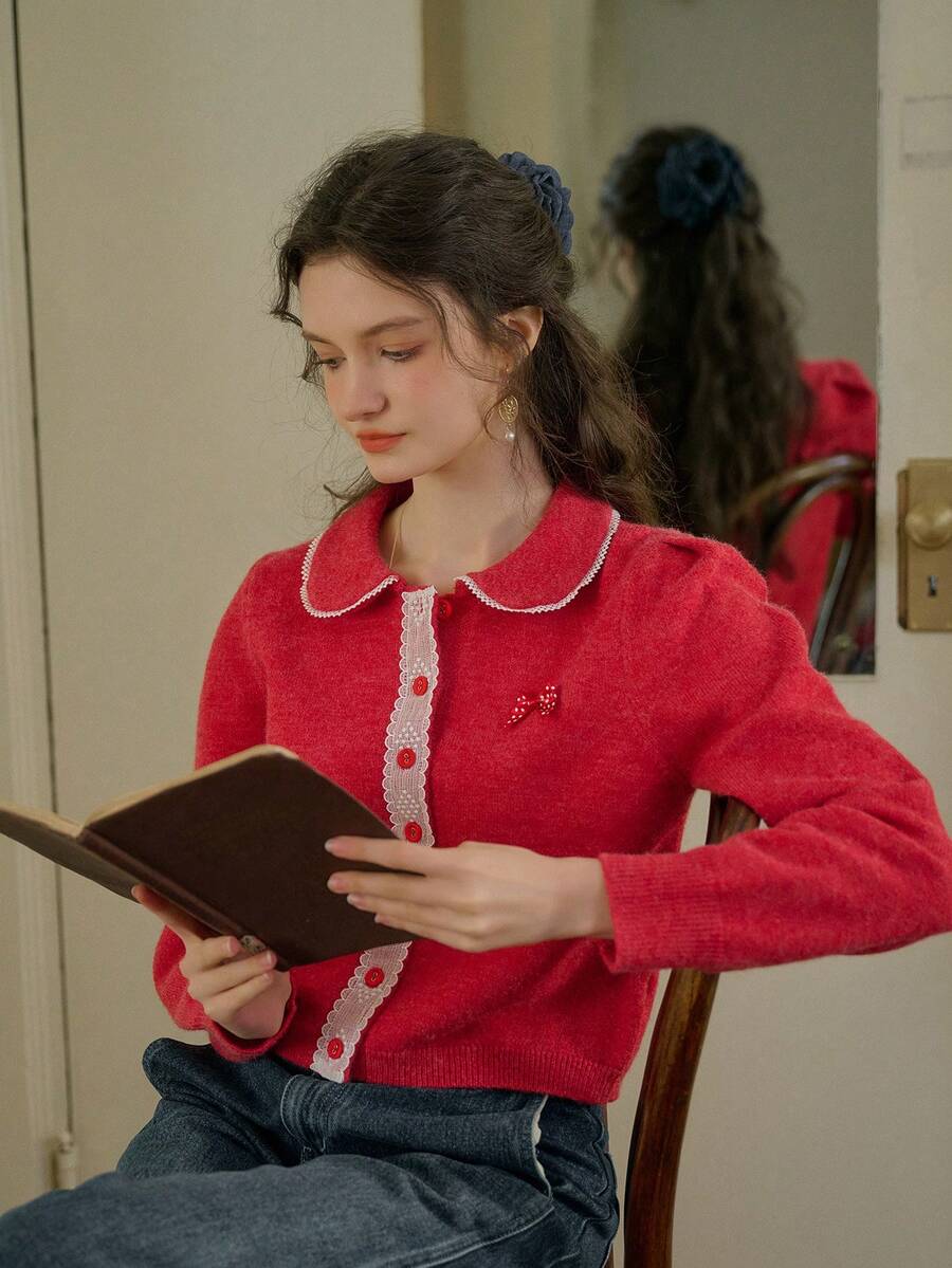 Simple Retro Women's Peter Pan Neck Patchwork Lace Sweater Cardigan - Red - View 1