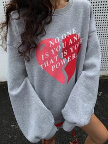 DAZY Women's Solid Color Crew Neck Letter Print Fleece Pullover Valentine Valentine's Day,Fall Clothes Sweatshirt,Winter - Grey - View 1