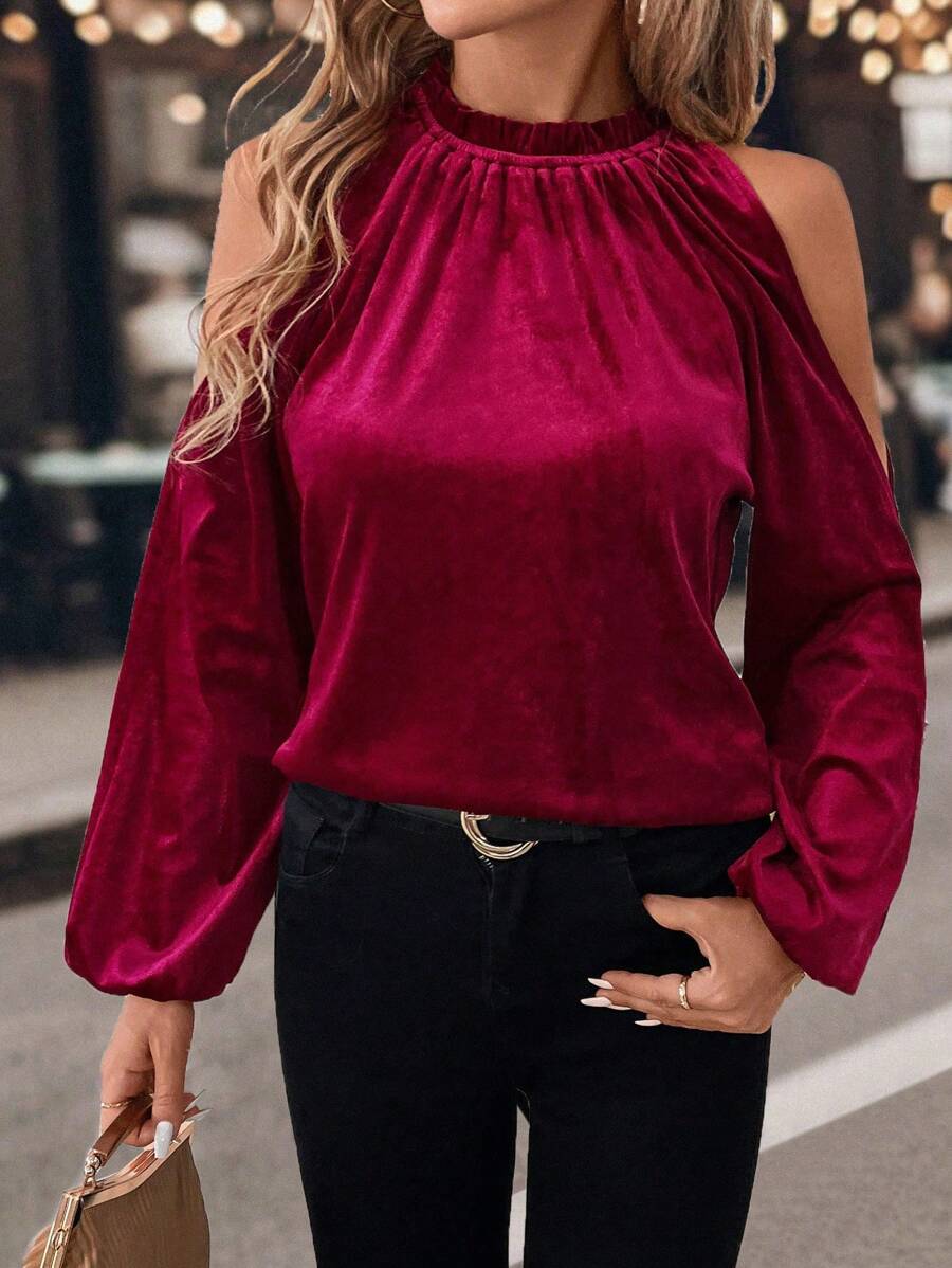 SHEIN Clasi Áo nhung thường ngày lệch vai có cổ xếp nếp cho nữ, mùa thu/đông - Màu Đỏ Sâu - Xem 1