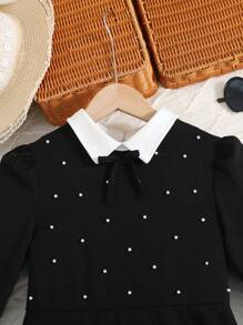 SHEIN Leap Crew Tween Girl Contrast Collar Bow Beaded Knit Snug Fit Dress, Elegant Academic Style, Daily Fashion Wear