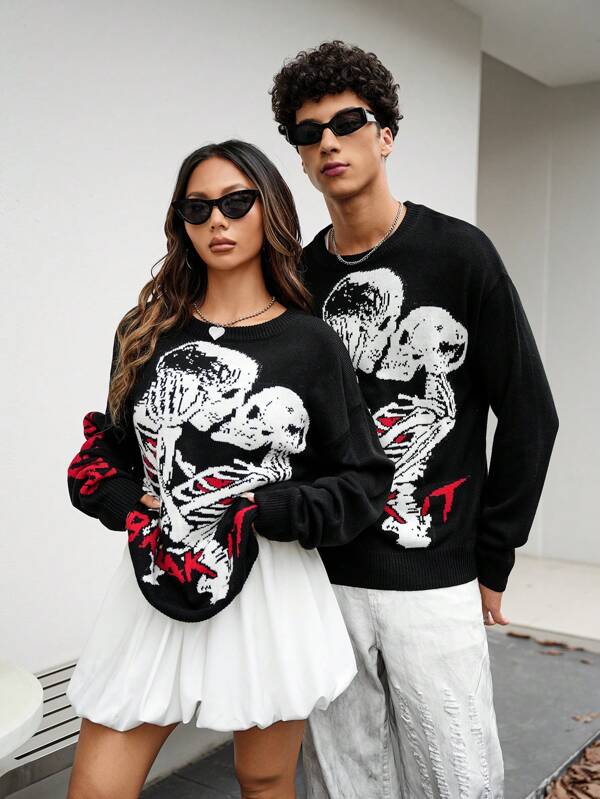 Manfinity Unisex Pulover tricotat casual pentru bărbați, amuzant, colorat, cu gât cu mânecă lungă, pentru ieșiri, asortat cuplu