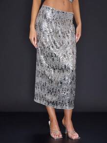 MUSERA Falda larga elegante con lentejuelas de talle bajo, glamurosa para primavera y verano, sexy