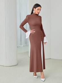Modelyn 女士休闲优雅拼色高领收腰鱼尾下摆朴素长袖连衣裙，秋季长款晚礼服 - 藕粉色 - 查看 5